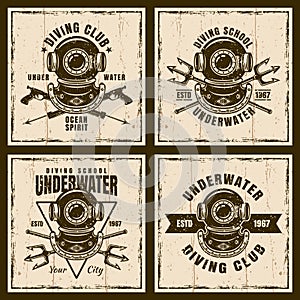 Diving set of four vector brown vintage emblems