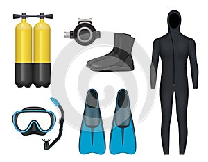 Diving set. Realistic items for divers swimming accessories tanks flippers life buoys scuba rubber costume decent vector