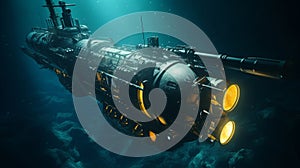 Diving small research submarine illustration in middle of dark waters