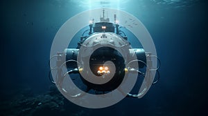 Diving small research submarine illustration in middle of dark waters front view
