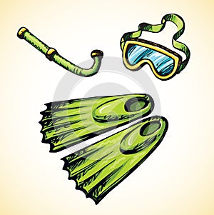 Diving snorkel and goggles. Vector drawing