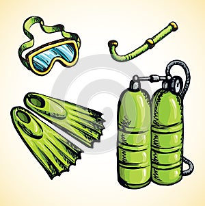 Diving snorkel and goggles. Vector drawing