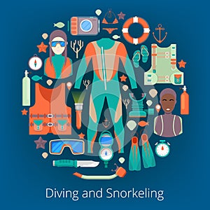 Diving and Snorkeling Icons Set with Scuba Equipment