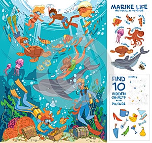 Diving and snorkeling. Underwater life. Puzzle Hidden Items