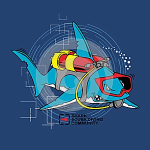 diving sport with shark cartoon, vector illustration