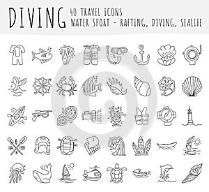 Diving vector hand draw icon set. Diving equipment, sealife, sea attributes in one lined doodle icon collection. Crab