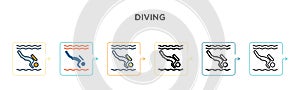 Diving vector icon in 6 different modern styles. Black, two colored diving icons designed in filled, outline, line and stroke