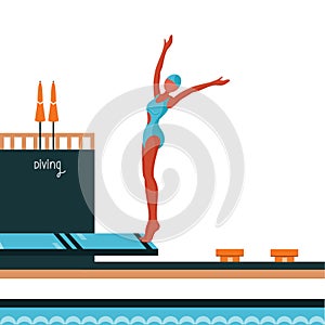 Diving. Water sport equipment. Athlete activity in competition game.