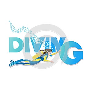DIVING. Young woman in diving suit and fins swimming underwater with scuba.