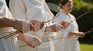 Divining Rods: Seekers Holding Willow Wands, Dowsing for Water & Hidden Treasures, White Robes, Ancient Practices, Ritual, photo