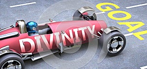 Divinity helps reaching goals, pictured as a race car with a phrase Divinity on a track as a metaphor of Divinity playing vital