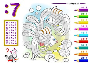 Division by number 7. Math exercises for kids. Paint the picture. Educational page for mathematics book.