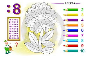 Division by number 8. Math exercises for kids. Paint the picture. Educational page for mathematics book.