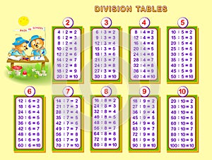 Division tables for little children. Educational page for mathematics baby book. Back to school.