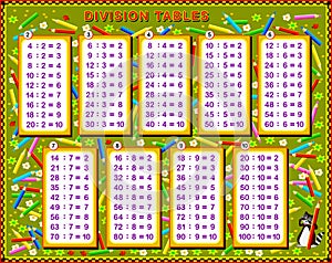 Division tables for little children. Educational page for mathematics baby book. Back to school. photo