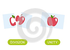 Division and unity antonyms word card vector template. Opposites concept