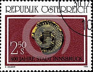 02 10 2020 Divnoe Stavropol Krai Russia the postage stamp Austria 1980 The 800th Anniversary of the City of Innsbruck old city