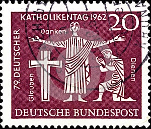 02 09 2020 Divnoe Stavropol Territory Russia the postage stamp Germany 1962 The German Annual Day of Catholism Hannover ross and