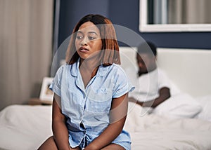 Divorce, black couple and woman on a bed, depression and relationship problems with stress, fighting and ignore
