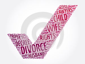 Divorce check mark word cloud collage, concept background