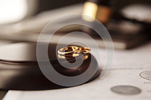 Divorce concept. Close up of wedding rings