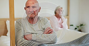 Divorce, conflict and senior couple in bedroom, marriage crisis and fight in home. Bed, frustrated elderly man and woman