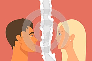 Divorce Couple. Sad People - Man and Woman - Portrait Closeup on Torn Ripped Paper Background. Quarrel, Scandal