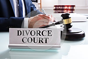 Divorce Court Name Plate On Desk In Courtroom