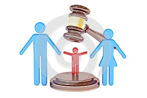 Divorce and custody child concept with gavel and family, 3D