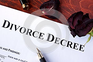 Divorce decree form and faded rose.