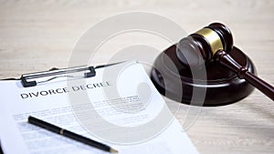Divorce decree on table, gavel lying on sound block, court proceeding, rights