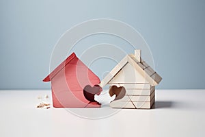 Divorce, division of property, poverty. Wooden broken house on light background. AI Generated