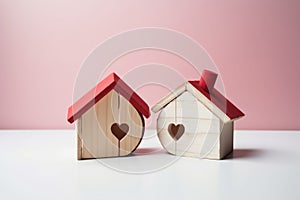 Divorce, division of property, poverty. Wooden broken house on light background. AI Generated