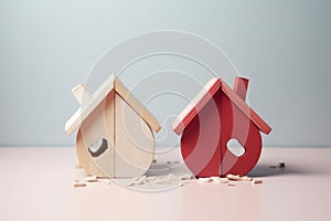 Divorce, division of property, poverty. Wooden broken house on light background. AI Generated