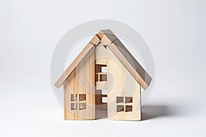 Divorce, division of property, poverty. Wooden broken house on light background. AI Generated