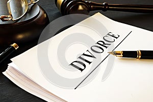 Divorce documents in a court. Separation and alimony.