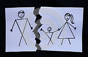 Divorce drawing with mom, kid and dad torn apart