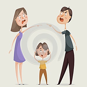 Divorce. Family conflict. Couple man and woman swear and child close his ears.