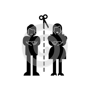 Divorce family sign. Scissors cut married couple. Concept of the end of love relationships
