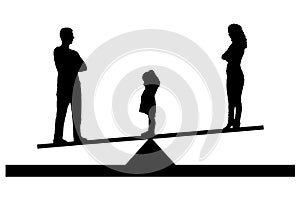 Divorce in the family. Silhouette Vector of a little sad girl crying standing between mom and dad, chooses to stay with dad