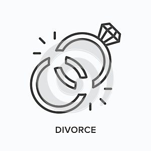 Divorce flat line icon. Vector outline illustration of two broken rings. Black thin linear pictogram for marriage break