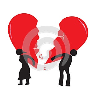 Divorce Heartache Concept. Broken Heart carried by stick man and woman.