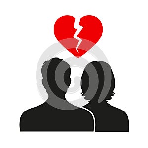 Divorce Heartache Concept. Broken Heart carried by stick man and woman. Isolated on white background