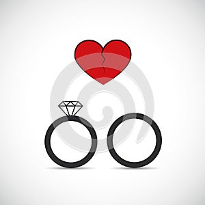 Divorce heartache concept with broken heart and with wedding rings