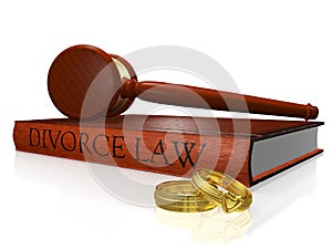 Divorce Law Book Gavel and Wedding Bands