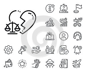 Divorce lawyer line icon. Justice scales sign. Salaryman, gender equality and alert bell. Vector