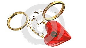 divorce rings breaking love red heart padlock locked in piecies - 3d rendering