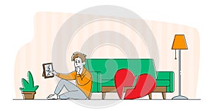 Divorce or Separation Concept. Depressed Heartbroken Man Character Sitting on Floor with Pieces of Red Broken Heart