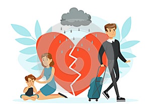Divorce, Separation and Family Breakdown with Man with Suitcase Leaving Home Vector Illustration