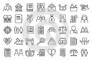 Divorce separation icons set, outline style